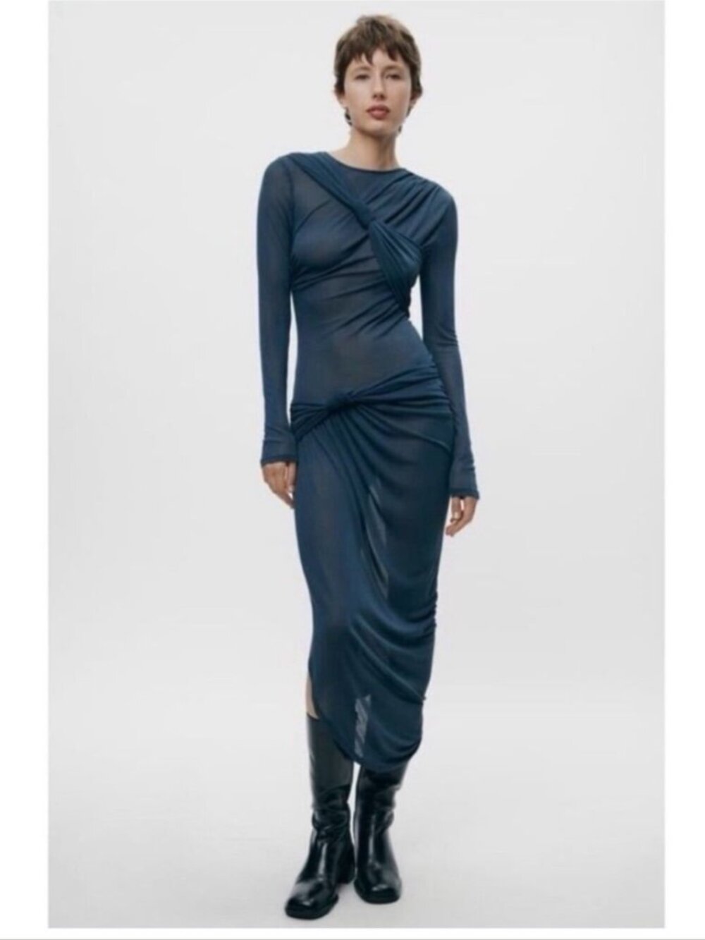 NWT Zara Blue Knotted Asymmetrical Midi Dress Size Large